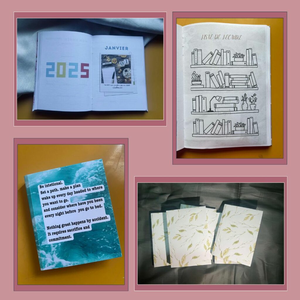 Des créations de l'atelier de papeterie de Mikaela (agenda, carnet de lecture).